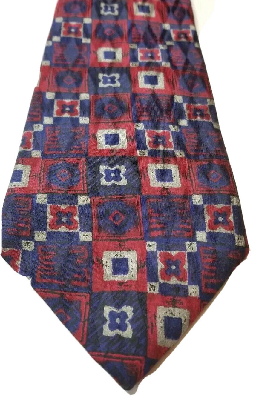 Saddlebred Mens Wide Classic Tie 100% Silk Red Multicolored Geometric Design